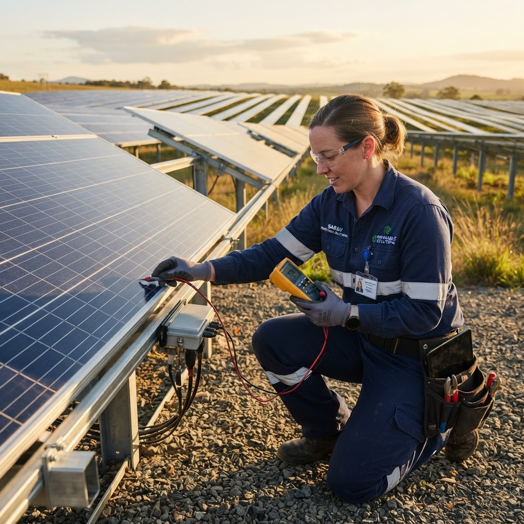 Técnico da Energize inspecionando um painel solar